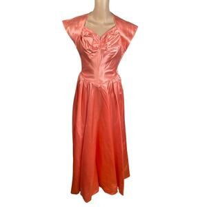 Vtg 40s Party Lines by Emma Domb Coral Pink Satin Bombshell Maxi Dress SZ S
